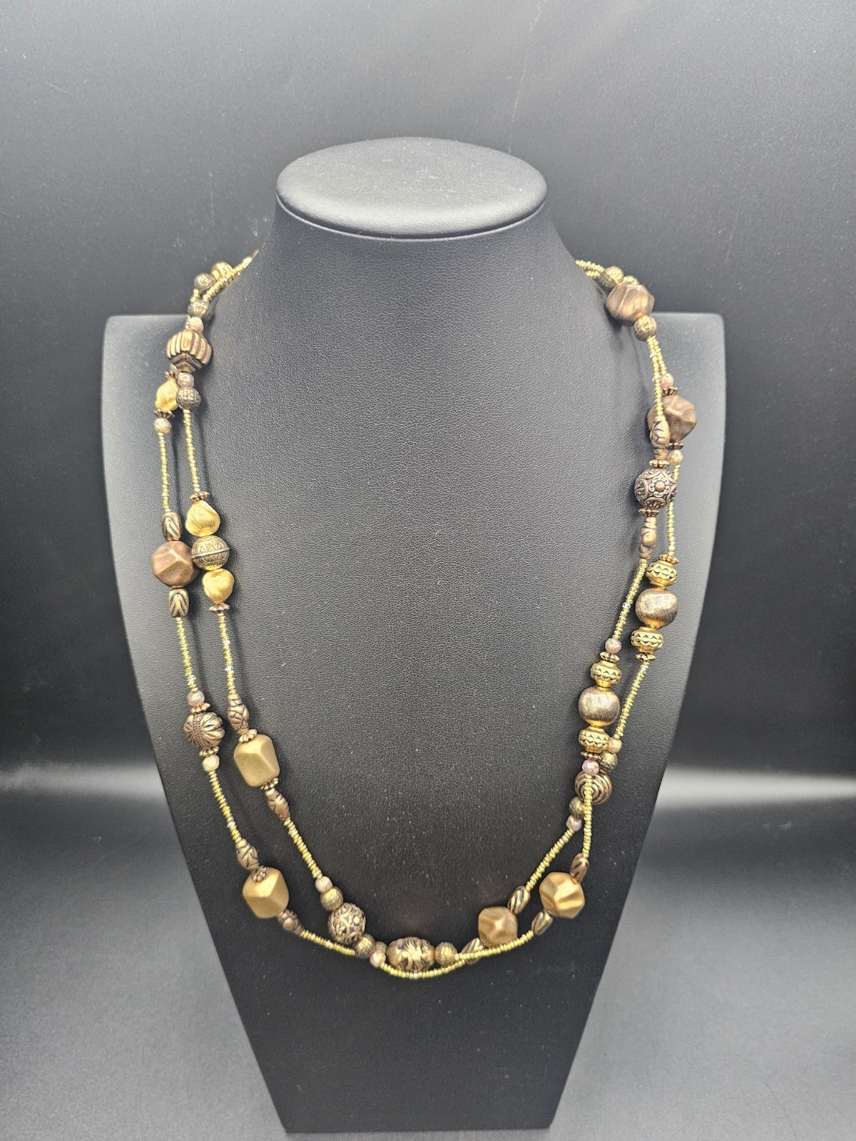 MEIFA Long Gold Tone Beaded Necklace 36″ Antiqued Bronze Mixed Metal Boho
