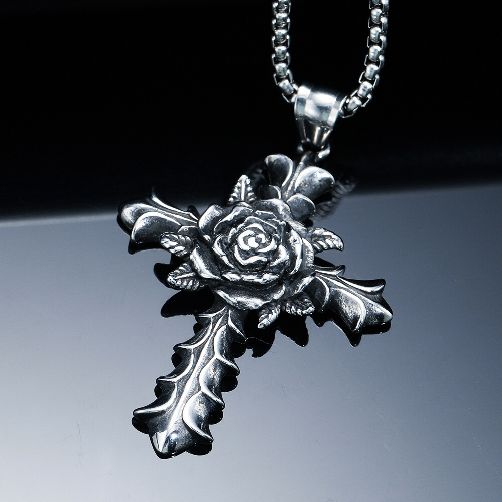 Men’s Necklace Hip Hop Punk Rose Cross Stainless Steel Men’s Necklace