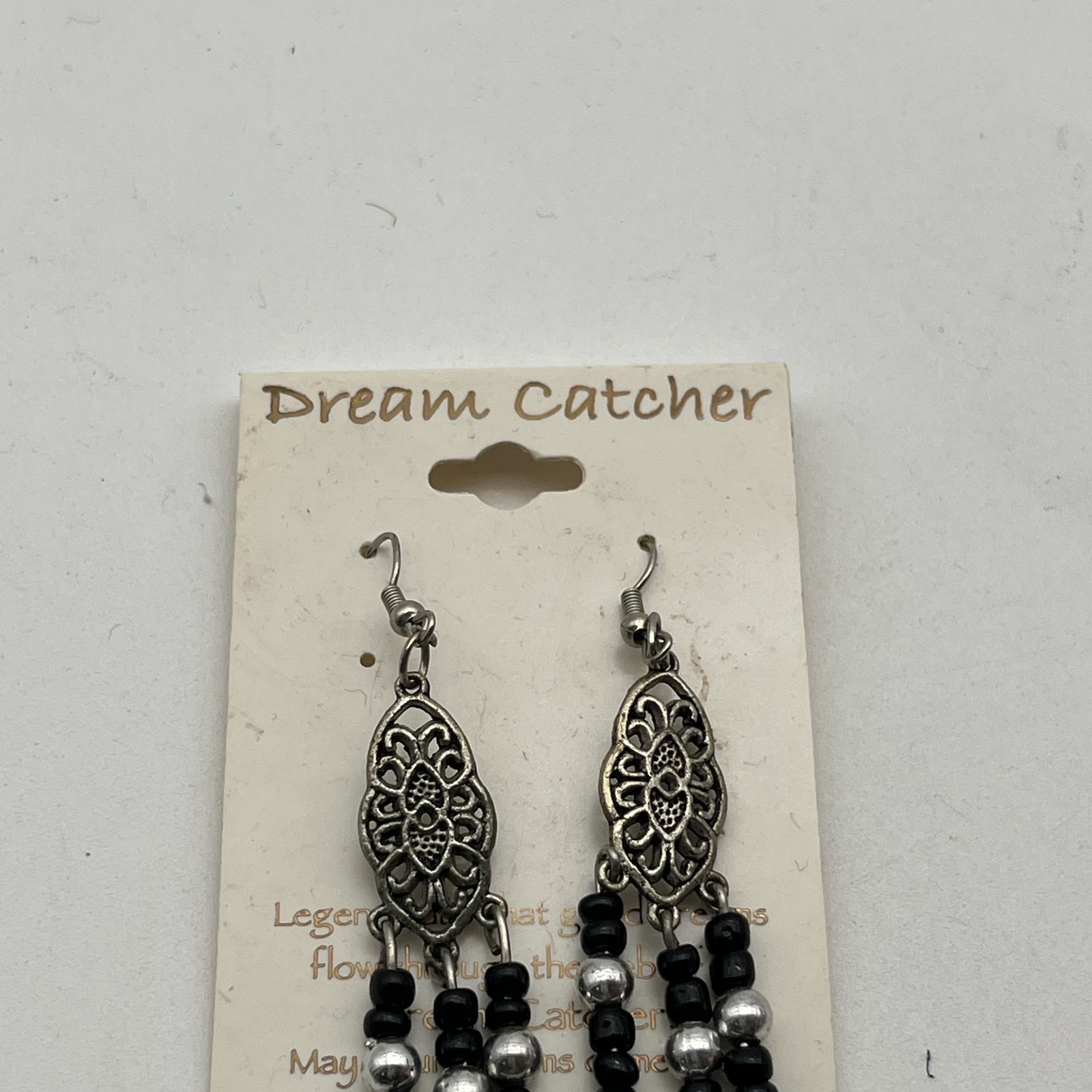 Dream Catcher Silver Tone & Black & Silver Beaded Dangle Earrings