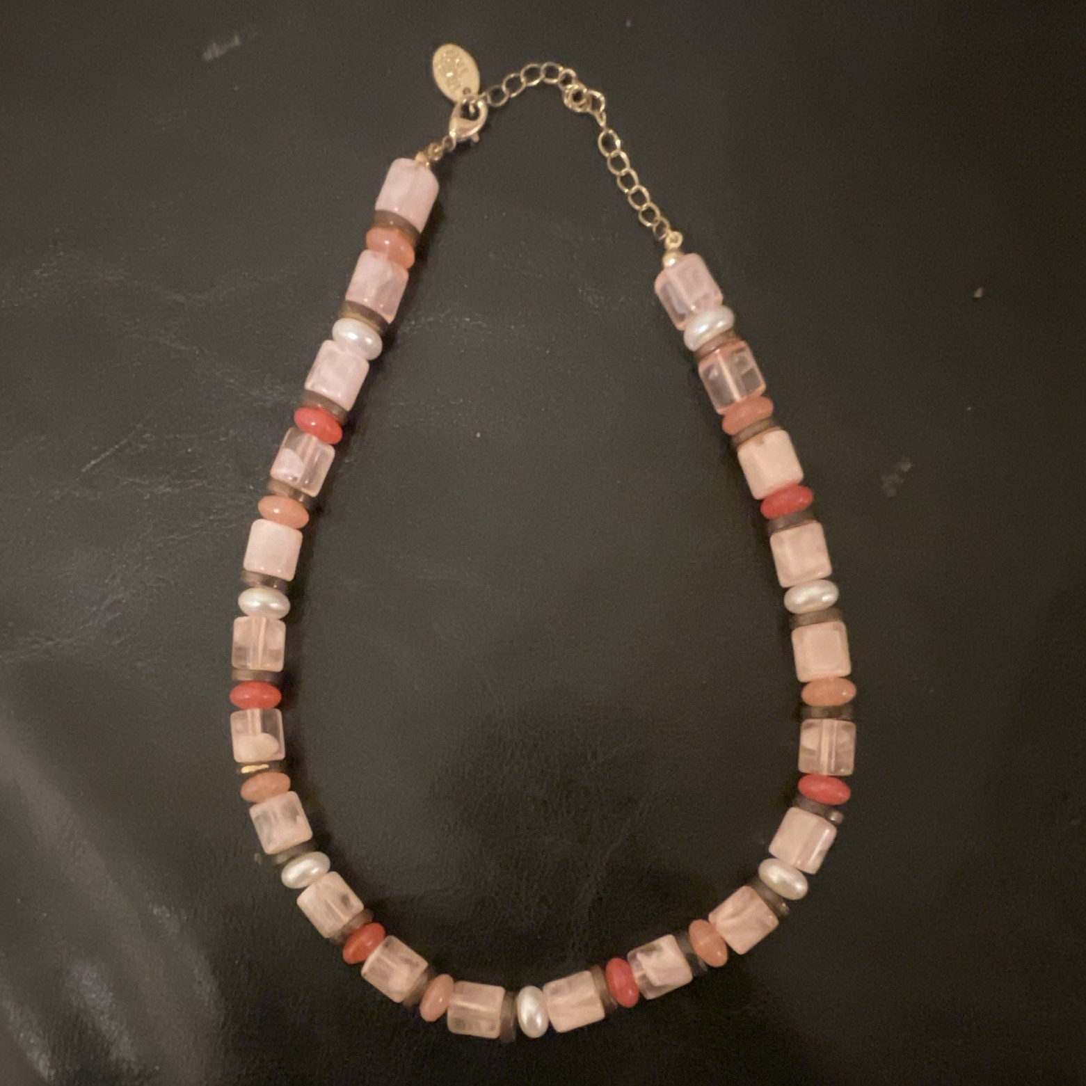Pink White Red Beaded Necklace, Adjustable Gold Tone Cable Chain, Oval Charm