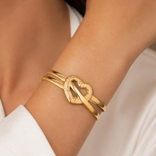 Gold Heart Cuff Bracelet Open Adjustable Love Minimalist Stainless Steel