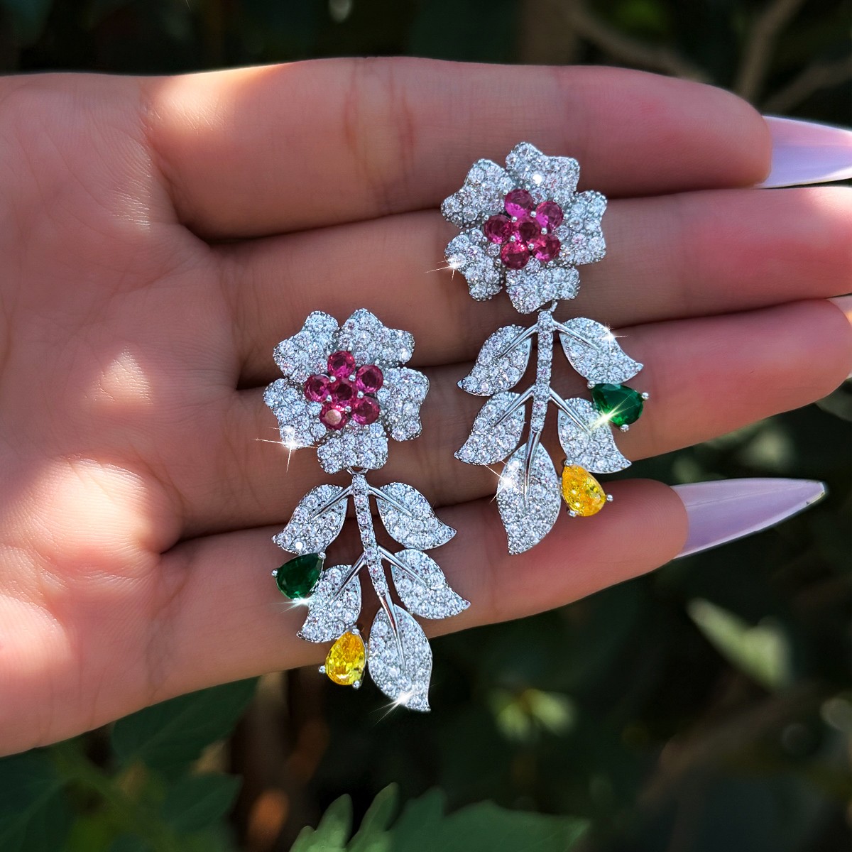Exquisite Silver Plated Cubic Zirconia Flower Leaf Drop Earrings Wedding Jewelry