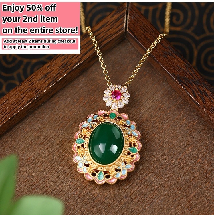 Jade Crystal Pendant Necklace Charm 18K Gold Plated Flower Retro Dainty Gemstone