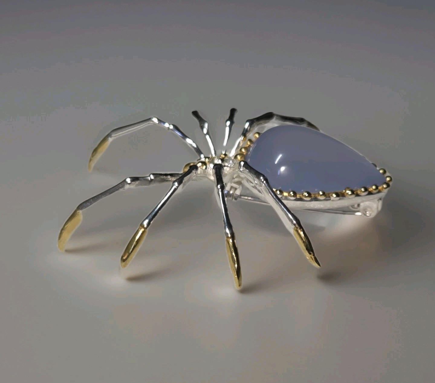 Handmade Natural Chalcedony Spider 925 Sterling Silver Brooch 2094