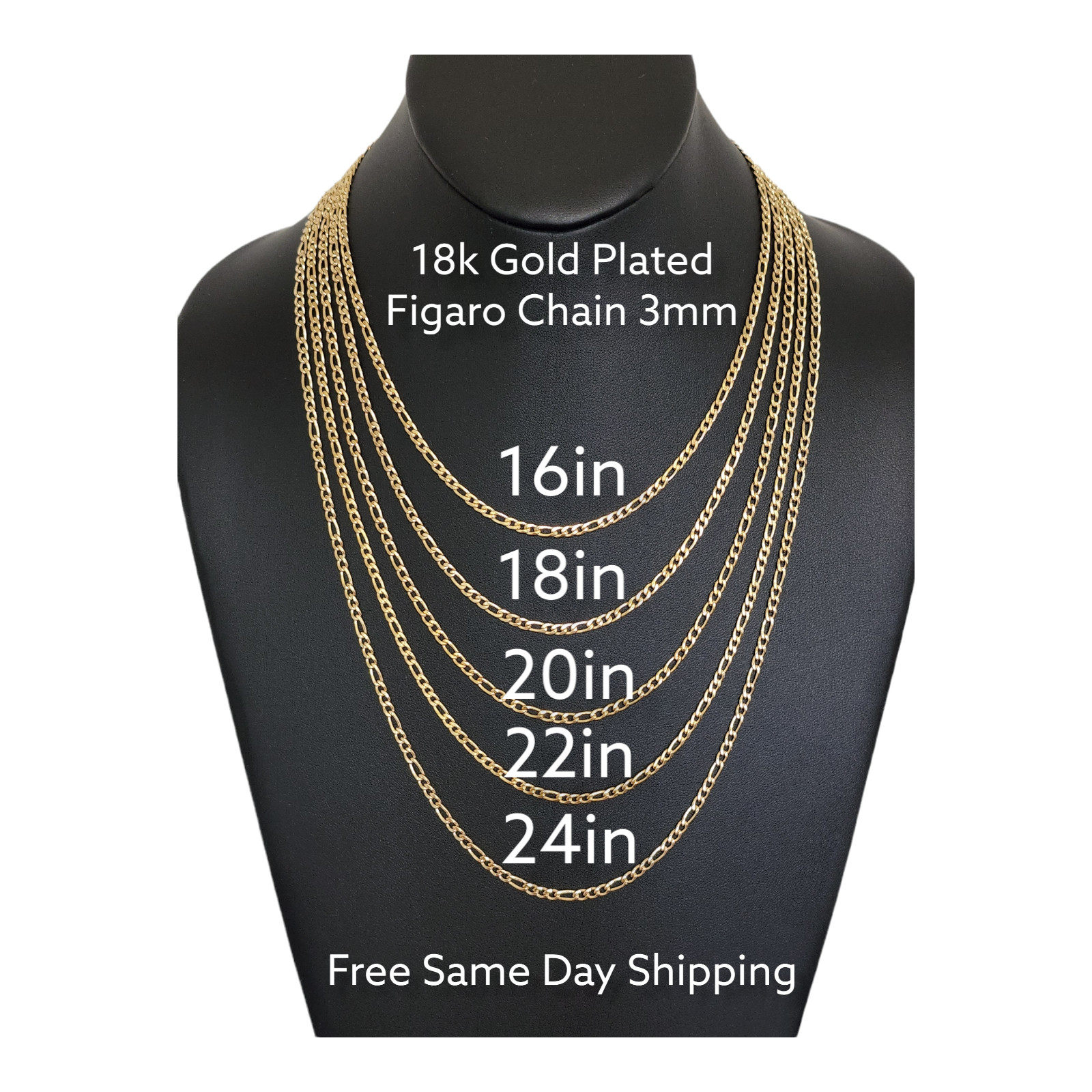 Stainless Steel Gold Plated Figaro Chain Size 16-24in Hip Hop Jewelry Unisex