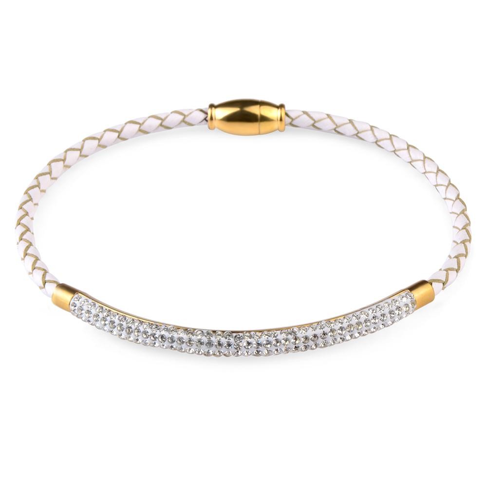 Stainless Steel Leather Bracelet Rhinestone Crystal Bangle with Magnetic Clasp
