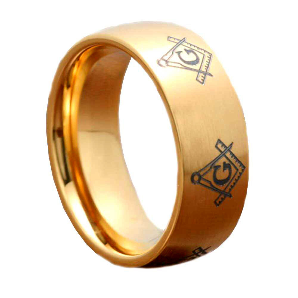8mm Dome Titanium Ring Gold Plated Masonic Freemason Brush Men’s Wedding Band