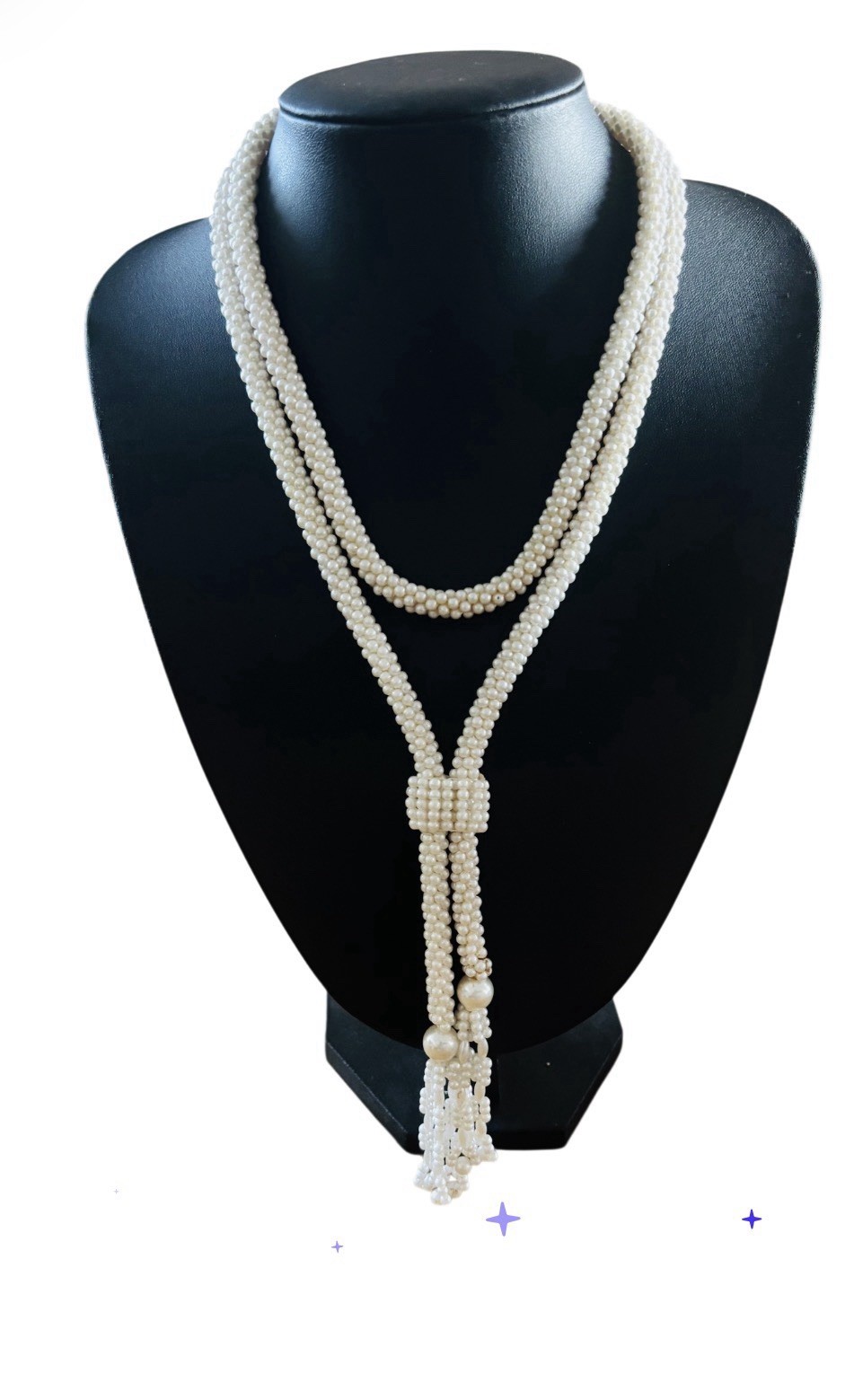 Faux Seed Pearl Lariat Necklace Woven Slider Tassel Flapper Boho VTG