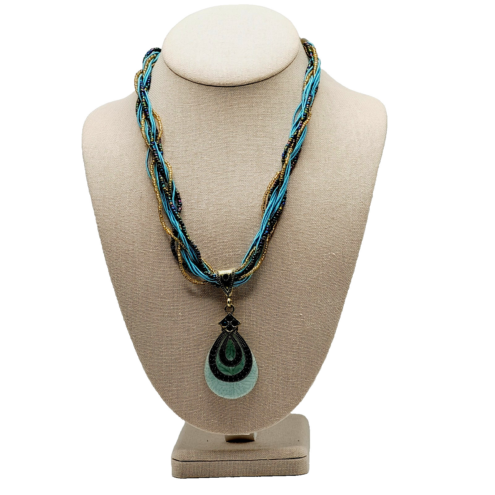 Modern Braided Multi Strand Peacock Colors Crystal Faux Stone Pendant Necklace