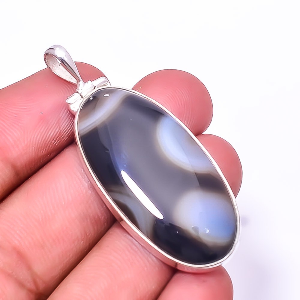 Natural Black Banded Agate 925 Sterling Silver Pendant 2.07″ P31, Christmas Gift
