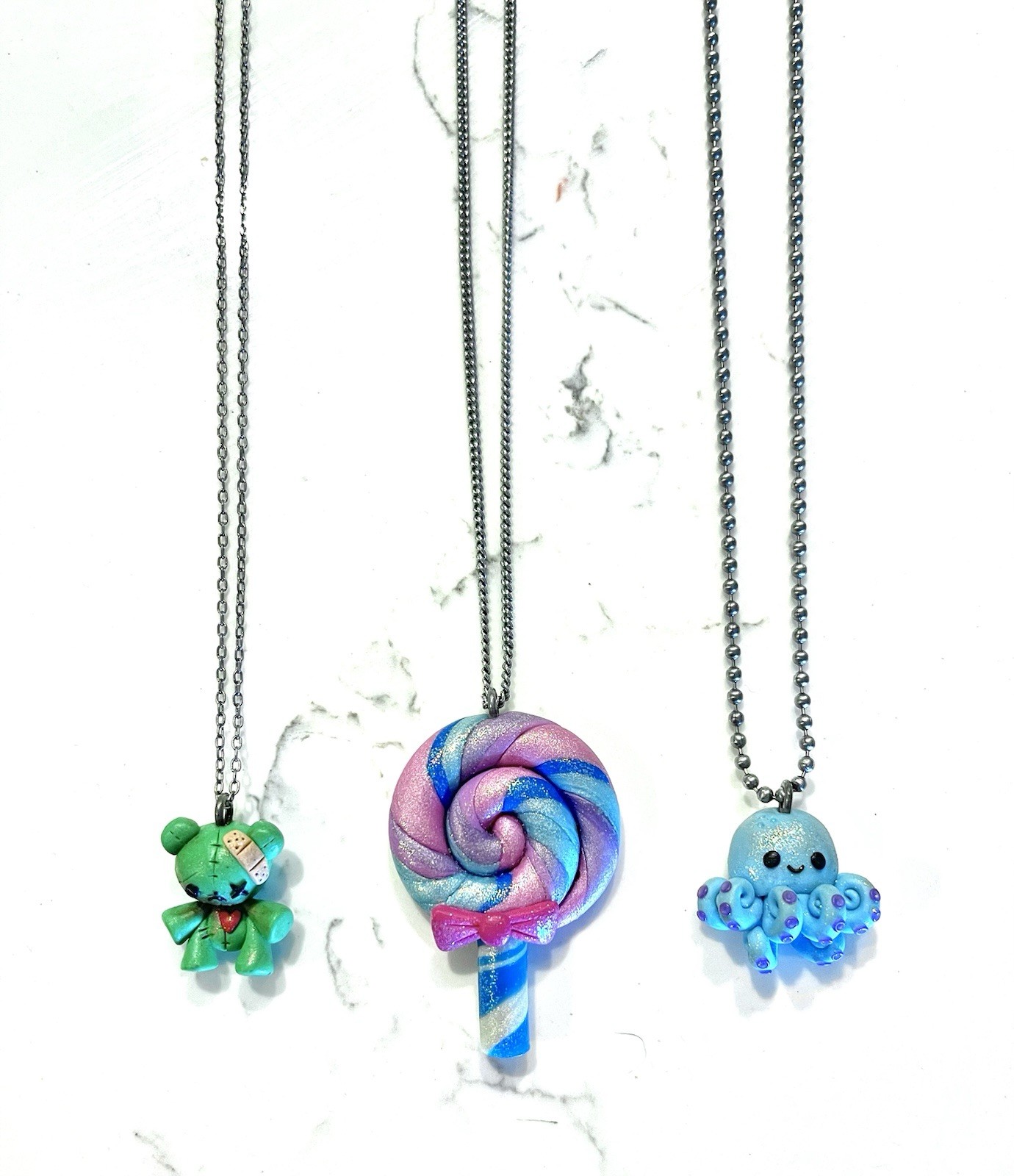 Handmade Polymer Clay Necklace Bundle Kawaii Teddy Bear Octopus Lollipop OOAK