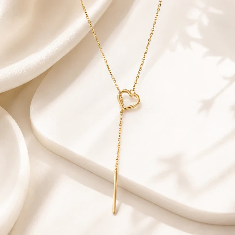 Open Heart Bar Lariat Necklace 18K Gold Plated Y Necklace Minimalist