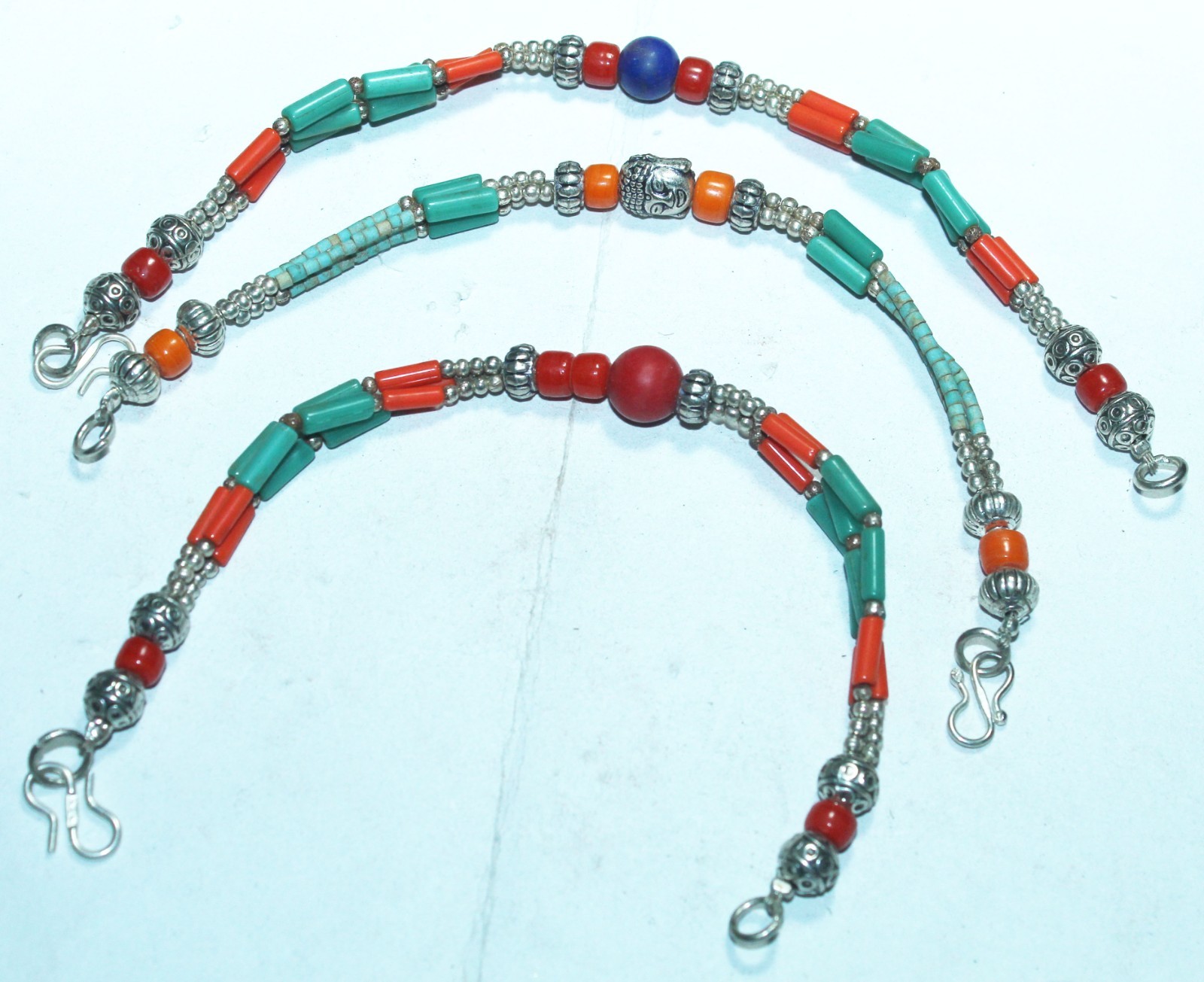 Tibetan Turquoise Amber Coral Lapis Gemstone Handmade Nepali Bracelet Size 7.8In