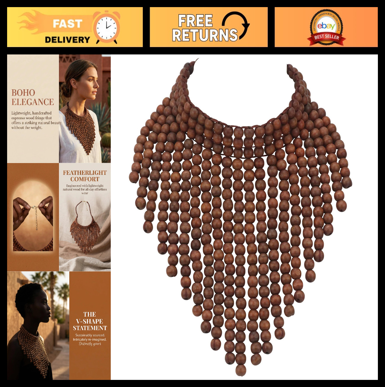 Boho African Wooden Acrylic Beaded Bib Necklace – Chunky Layered Collar Choker