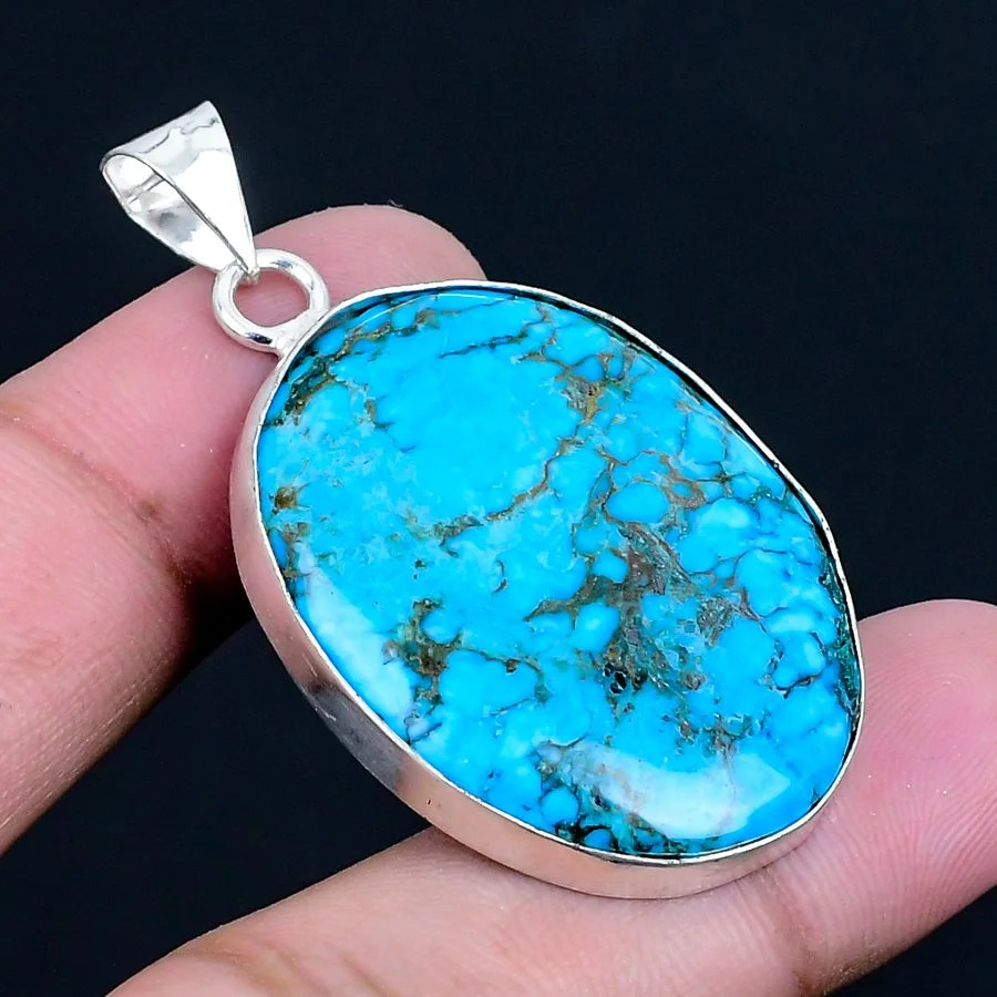 Tibetan Turquoise 925 Silver Plated Handmade Pendant of 1.86″