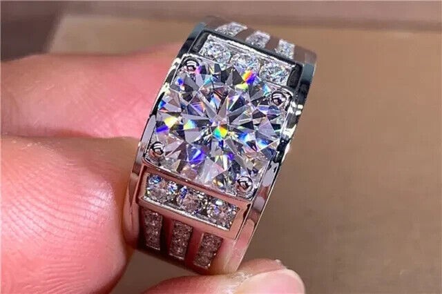 3Ct Round Cut Real Moissanite Men’s Halo Engagement Ring 14K White Gold Plated