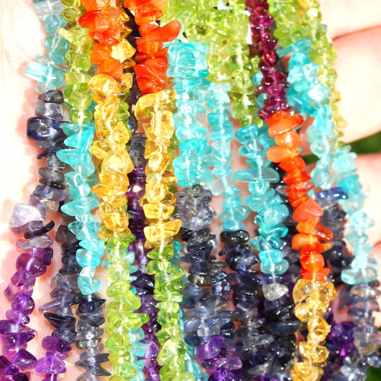 CHARGED 7 Chakra Premium Crystal Chip 18″ Necklace + Baby Selenite Puffy Heart