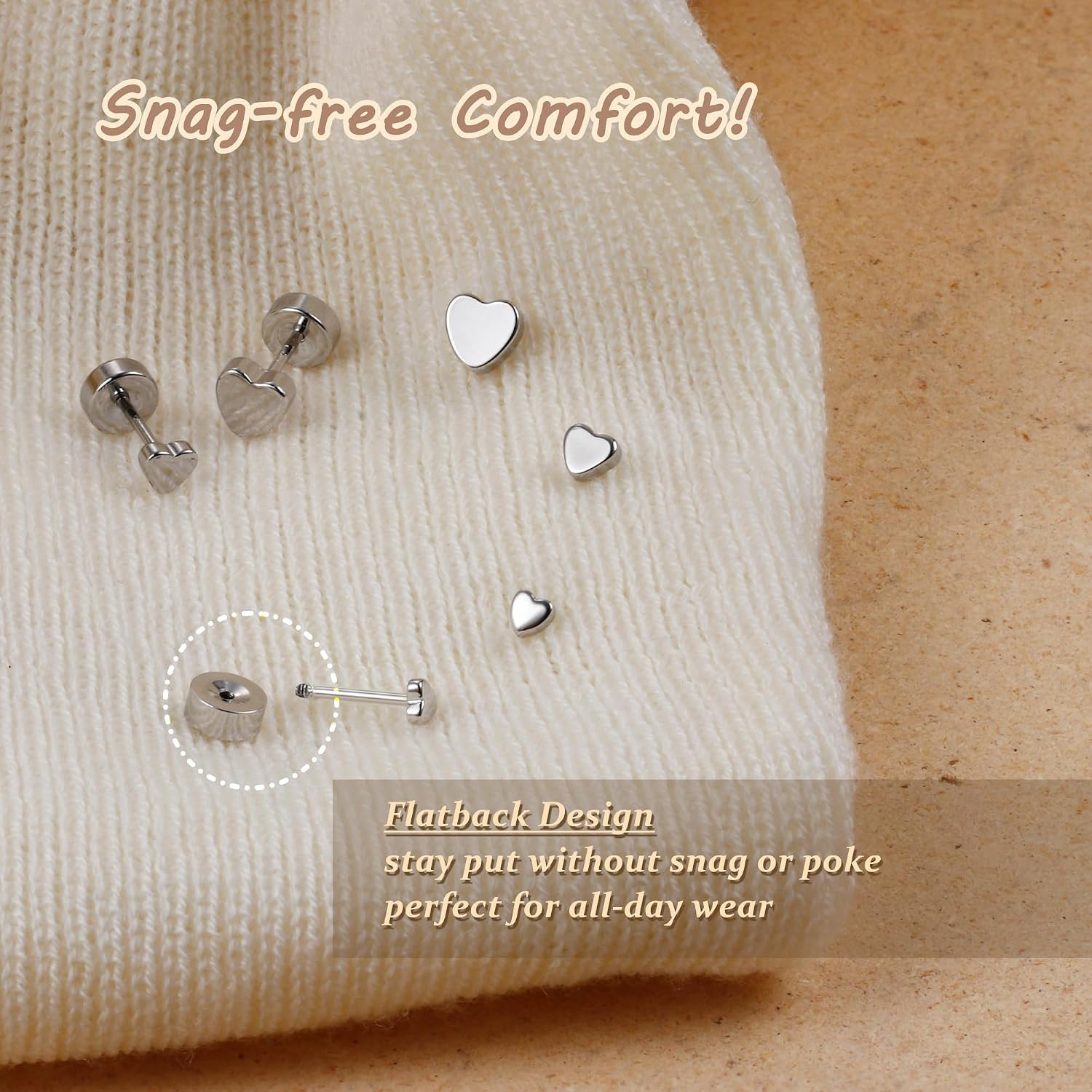 3 Pairs 925 Sterling Silver Flat Back Stud Earrings for Women Tragus Conch Helix