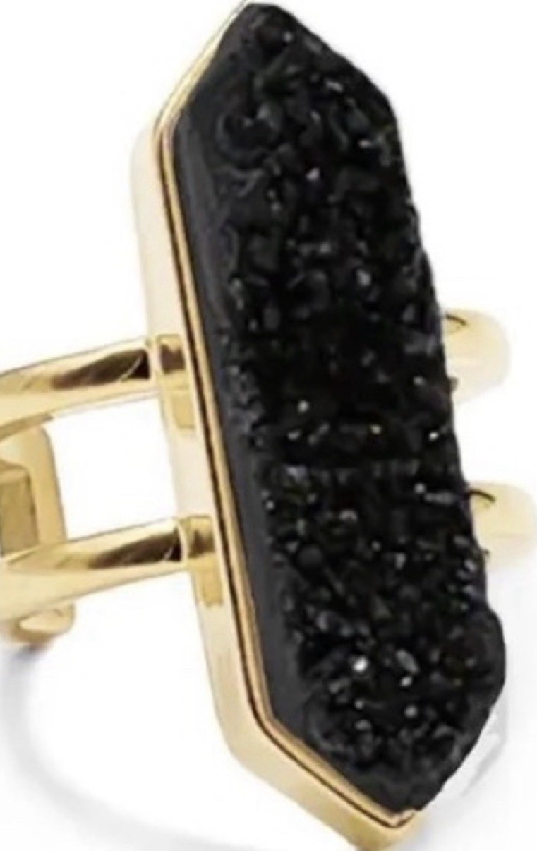 Gold Tone Yellow Gold Cocktail Ring Size 10 Black Textured Hexagon Face