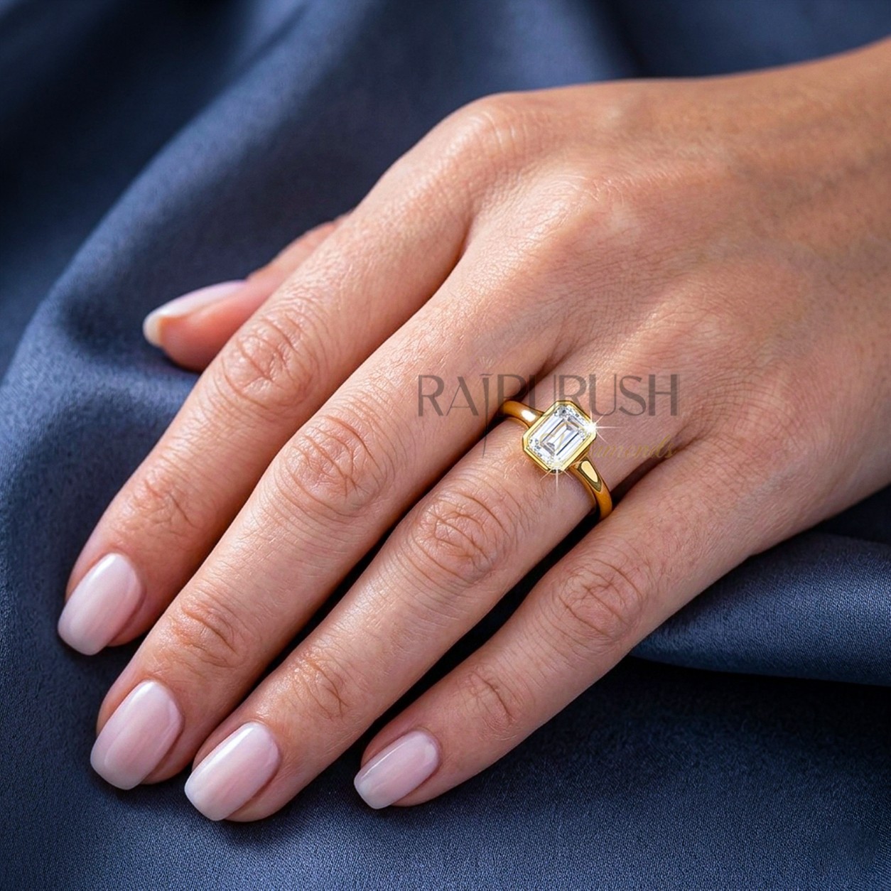 1ct Emerald Cut Moissanite Ring Bezel Set Solitaire 14K Gold Plated 925 Silver