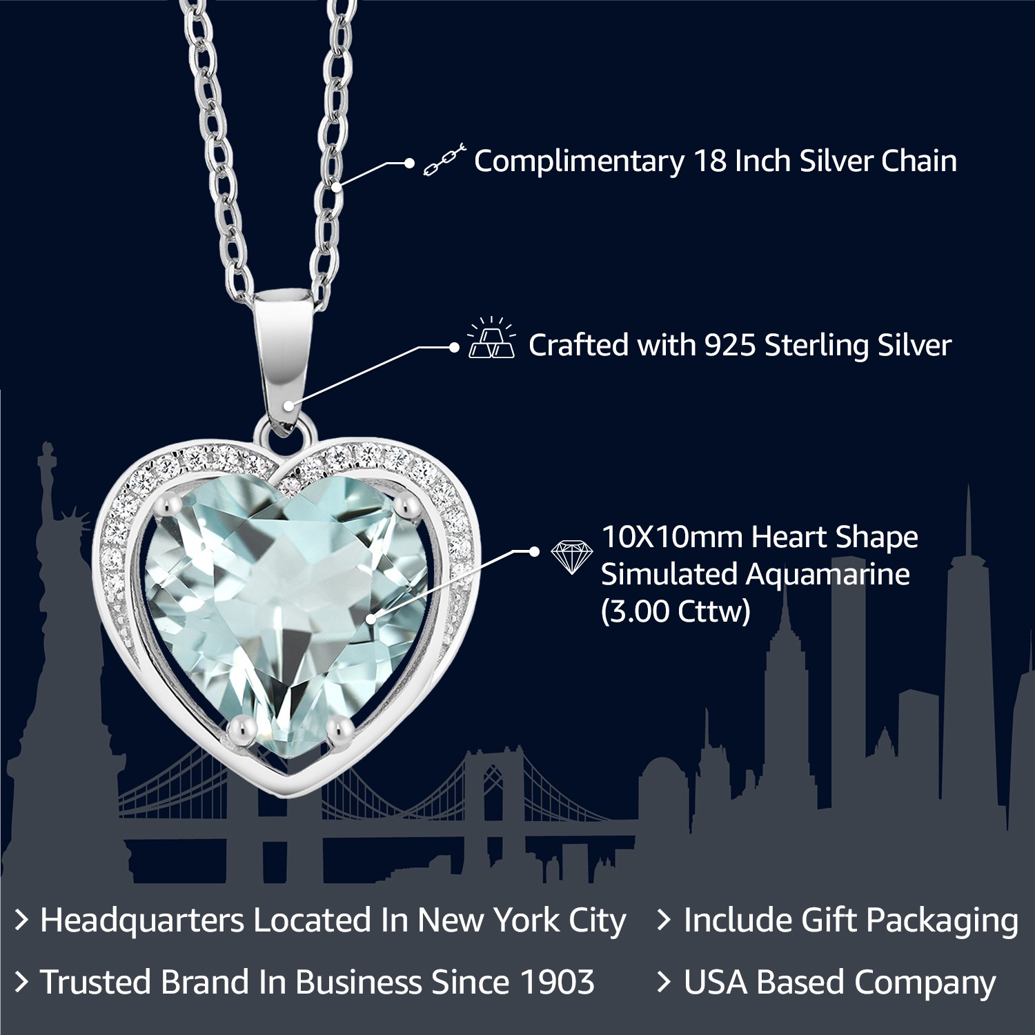 3.00 Cttw Simulated Aquamarine Pendant Necklace For Women | 925 Sterling Silver