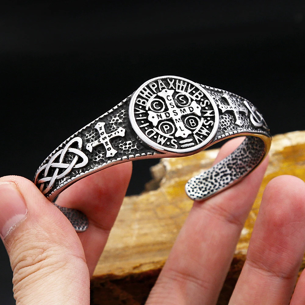 Stainless Steel Cross Open Cuff Bracelet for Men Women Biker Bangle