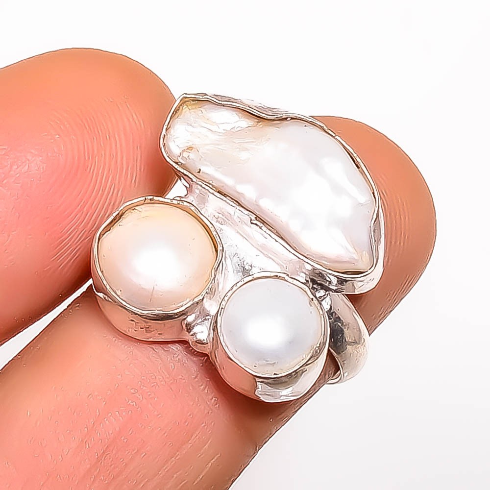 Natural Biwa Pearl & Pearl Gemstone 925 Silver Plated Ring s.7.5 TR7508-1174