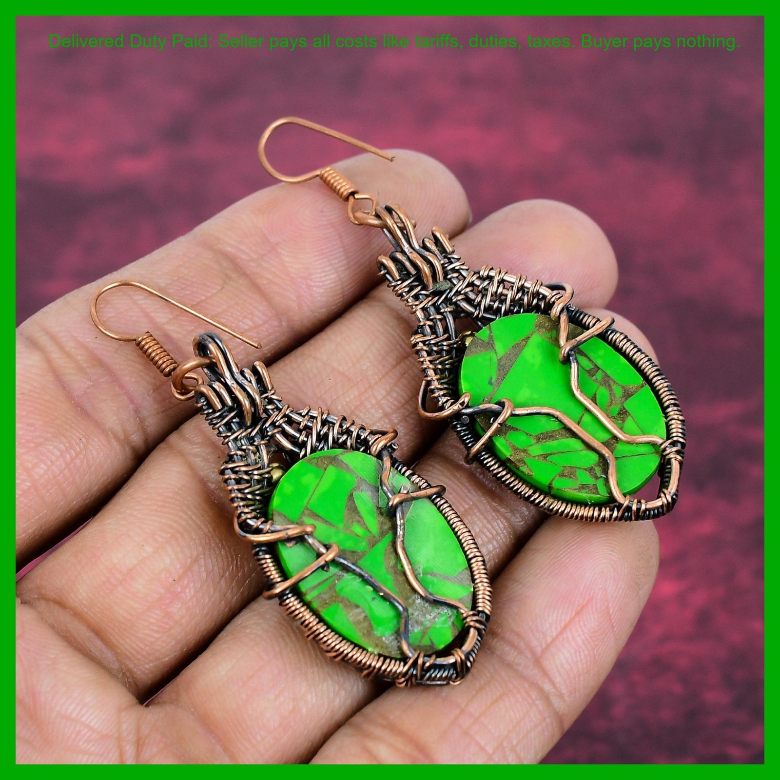 Copper Green Turquoise Gemstone Dangle Drop Wedding Wire Wrapped Earrings Copper