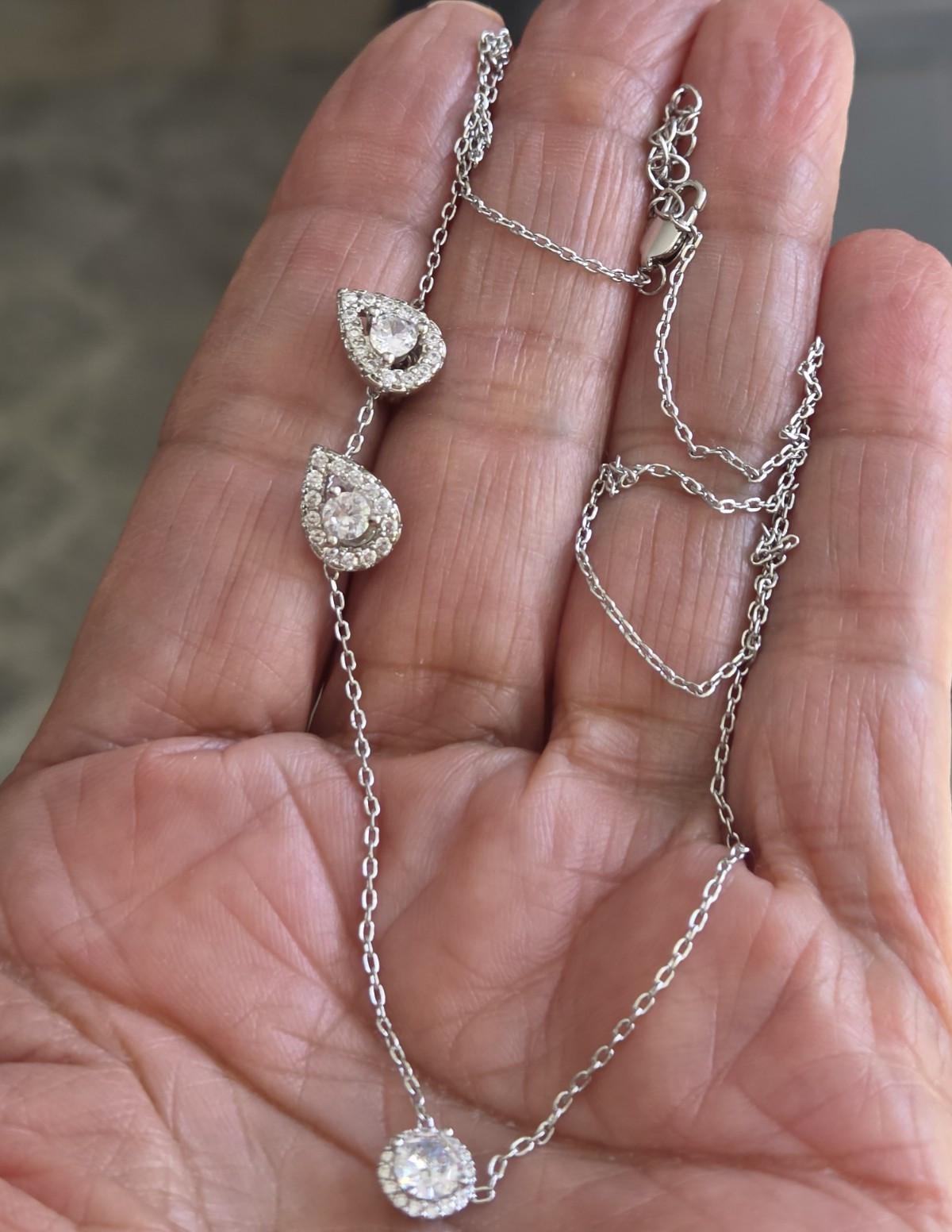 Silver Tone Clear Pear-Cut CZ Necklace & Stud Earrings Set Adjustable