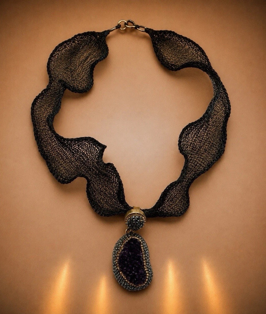New! Statement Bohemian Black Mesh Choker Necklace With Amethyst Druzy- $290
