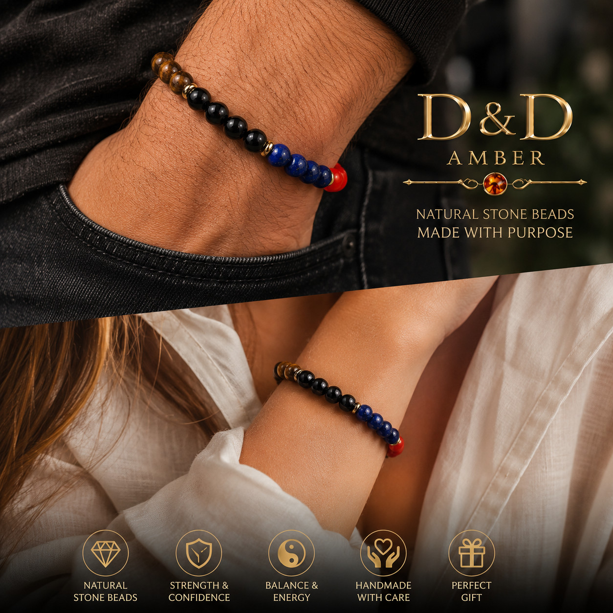 Natural Gemstone Beaded Bracelet Tiger Eye Lapis Coral Hematite Unisex Gift