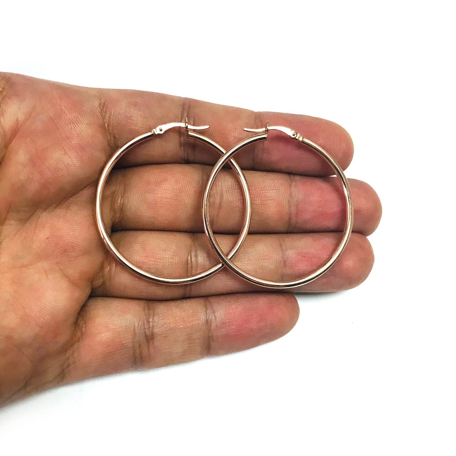 14k Rose Gold 2mm Polished Round Tube Hoop Earrings, Diameter 35mm