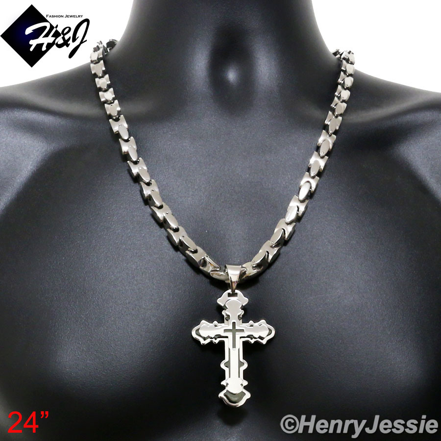 18-40″Stainless Steel 8mm Silver Interlock Chain Black Plated Cross Pendant*BP72