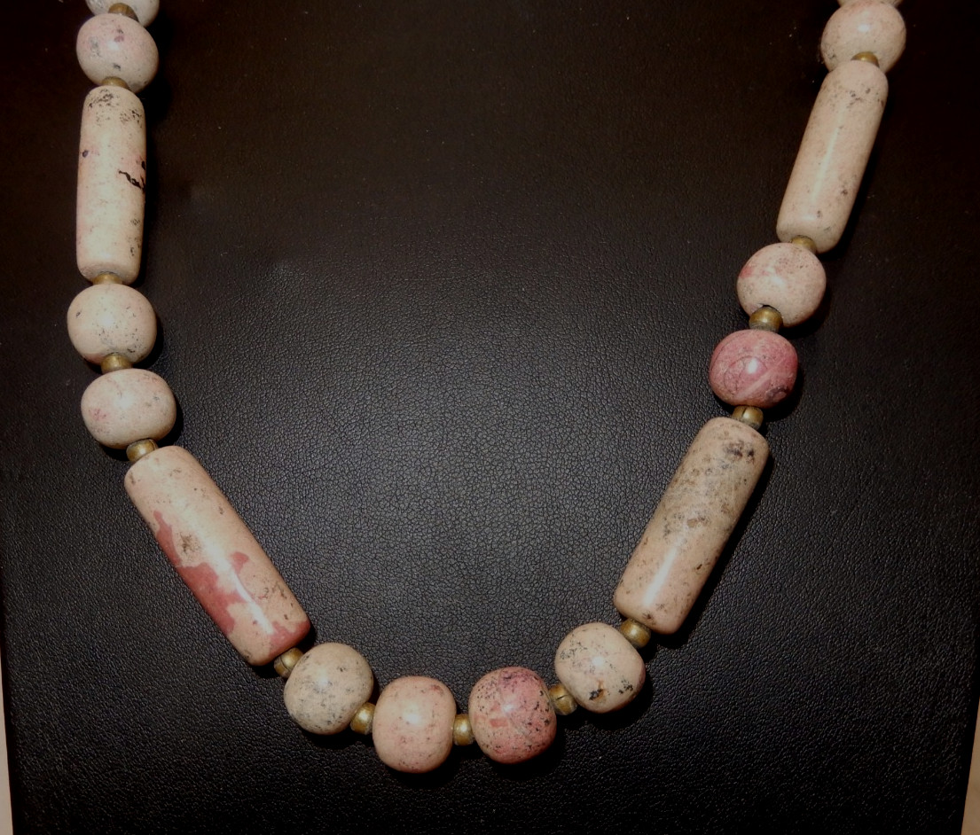 Rhodonite (Pink w/Grey) Stone Beaded Necklace with Brass Bead Spacers – 24″ loop