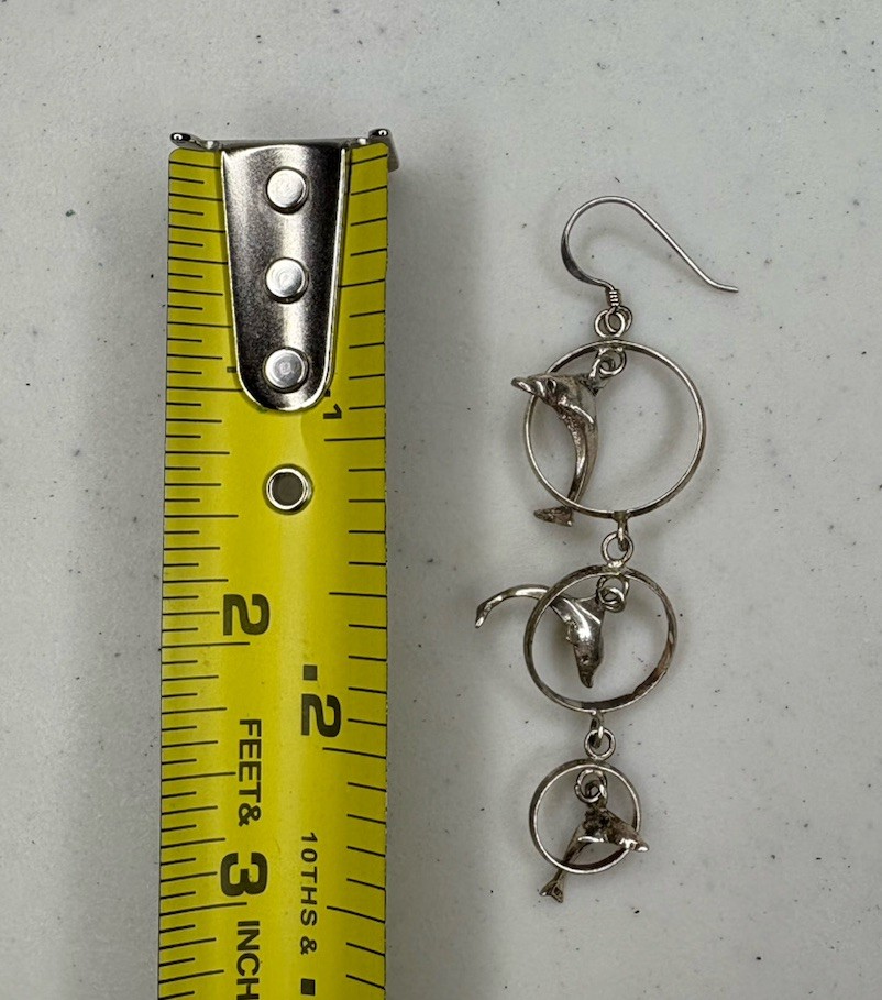 Single (1) 925 Sterling Silver Hook Dangle Dolphin Circle Earring – 4.5 Grams
