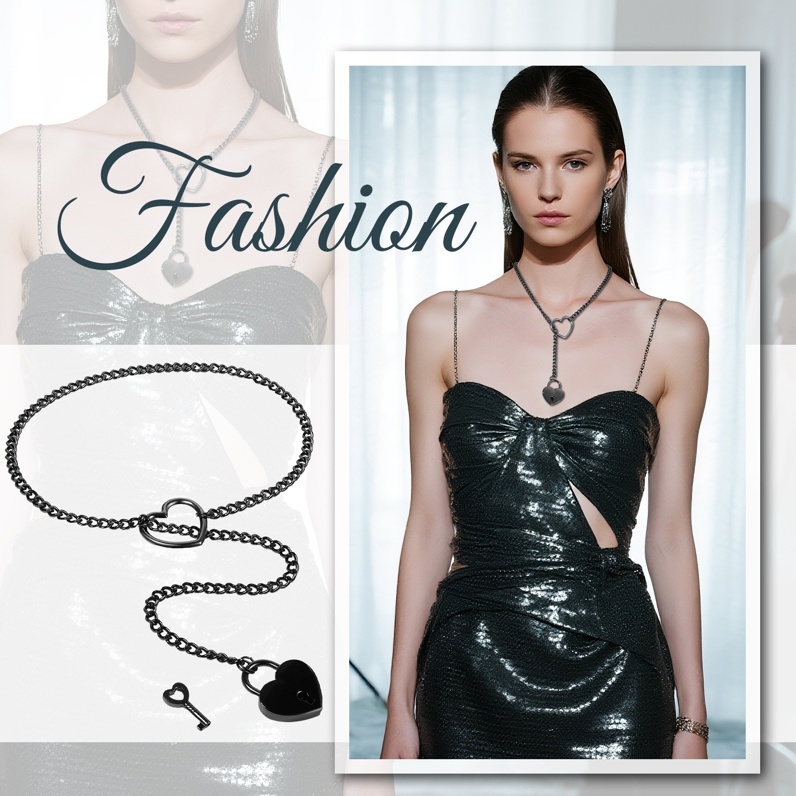Heart O-ring Slip Chain Necklace Women Lariat Y-Necklace Collar Locker With Key