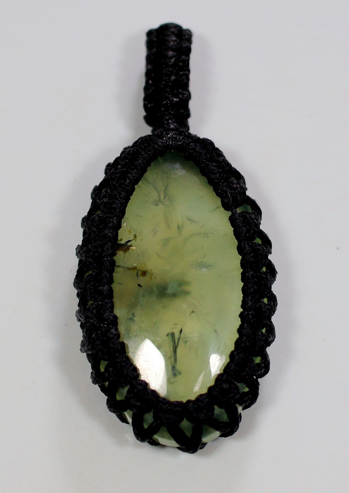 54 Ct 8X22X50 mm Natural Green Prehnite Oval Macrame Pendant 2.0″ KF-681