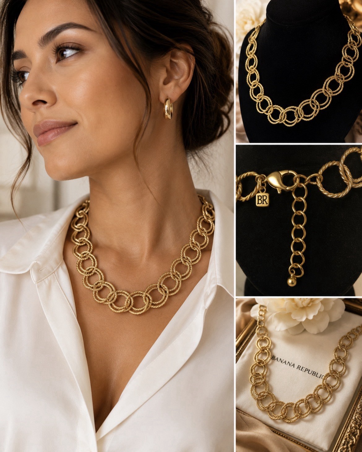 Banana Republic Double Link Statement Necklace Brushed Gold Textured Chain 18″