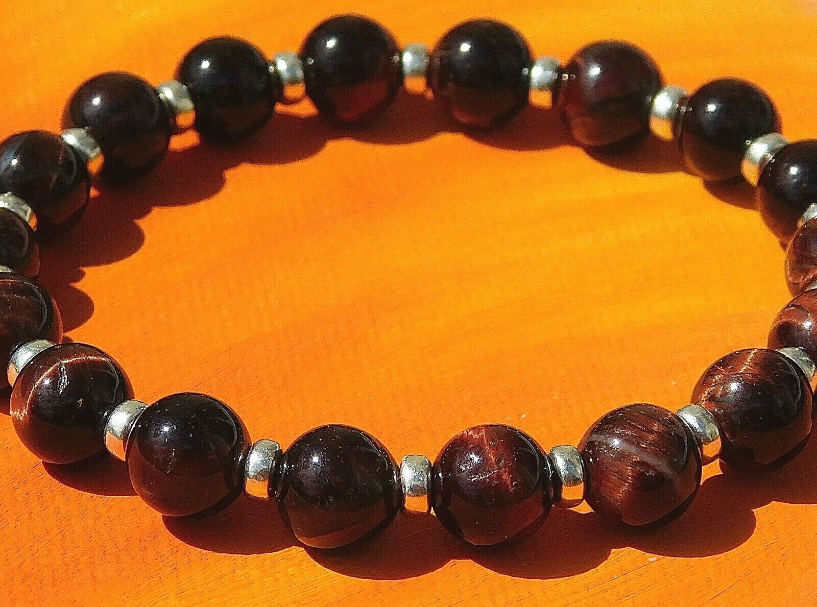 Mens / Ladies Handmade 8mm Gemstone & Silver Beaded Bracelet – Red Tiger’s Eye.