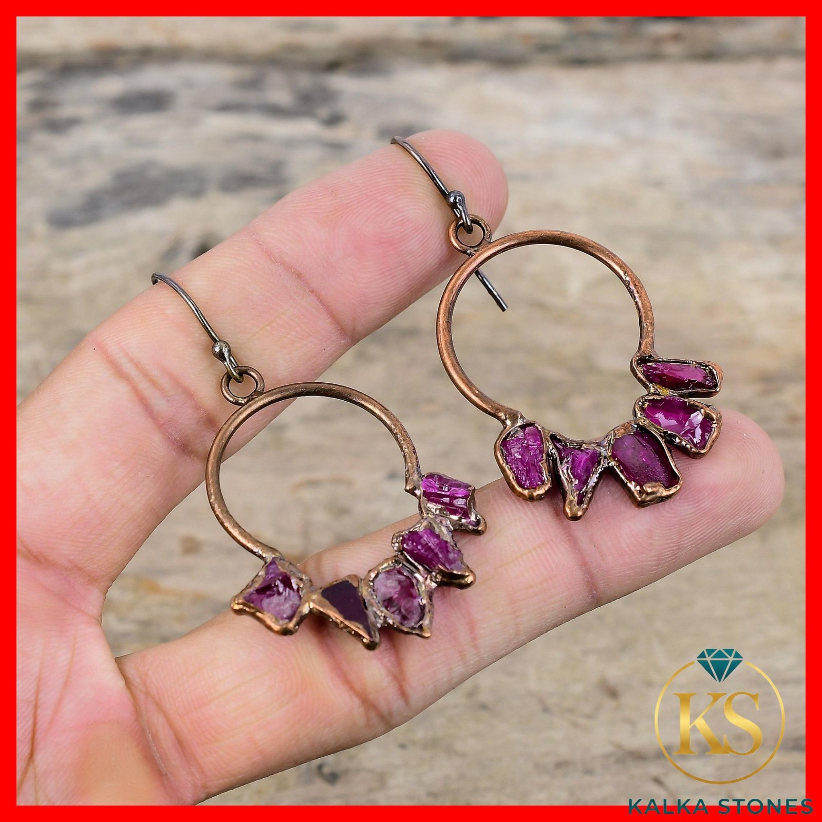 Pentagon Pink Tourmaline Rough Stone Electroformed Dangle Drop Earrings Copper