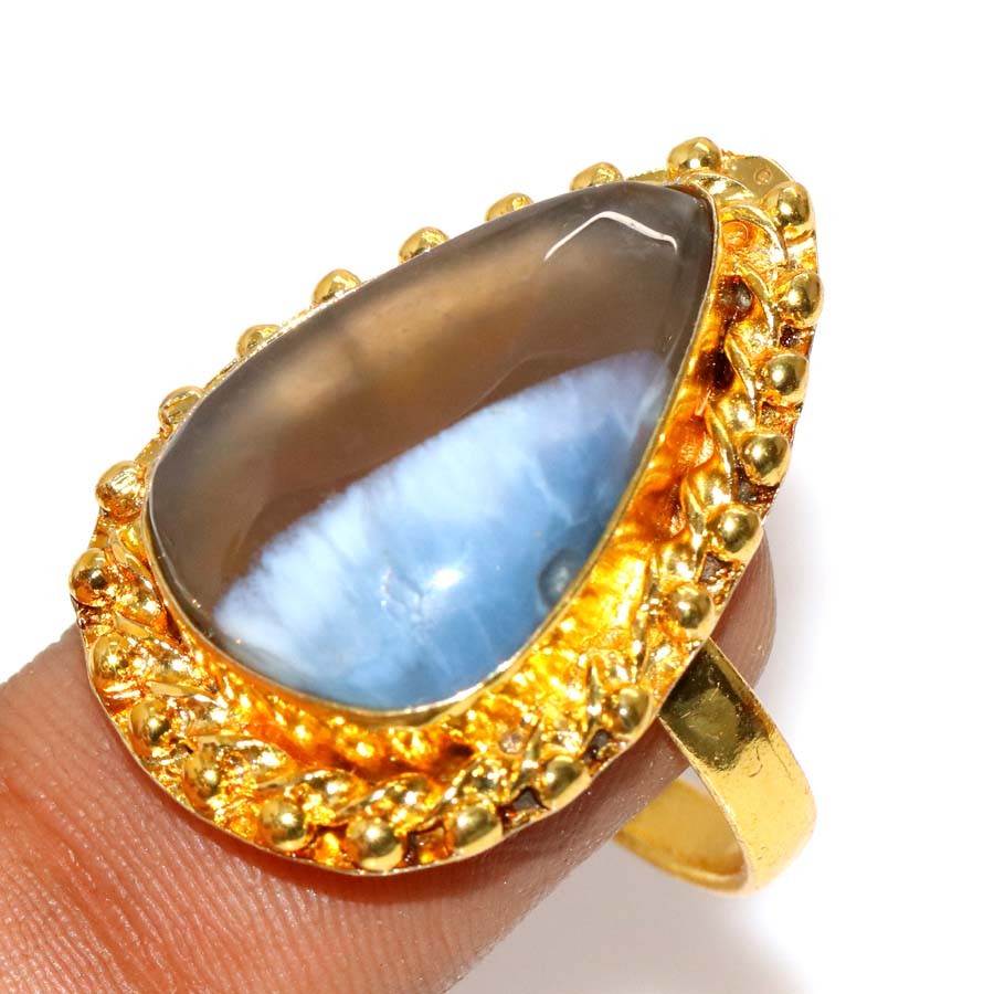 Golden Plated Owyhee Blue Opal Ring US 10 Handmade Gift Jewelry Trendy JW