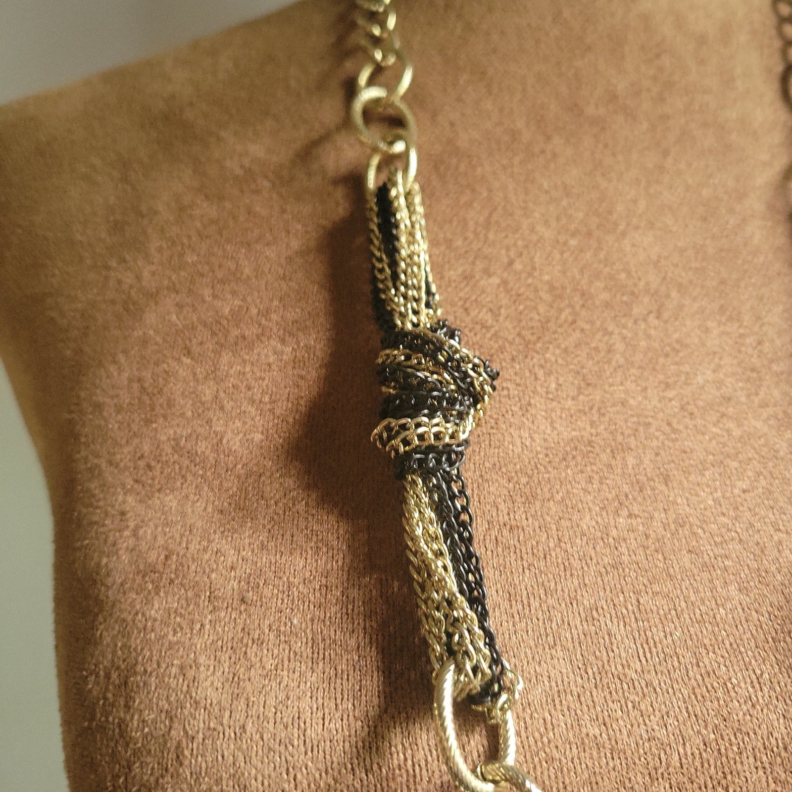Gold Black Multi Strand Knotted Chain Statement Necklace 22 Inch Eclectic