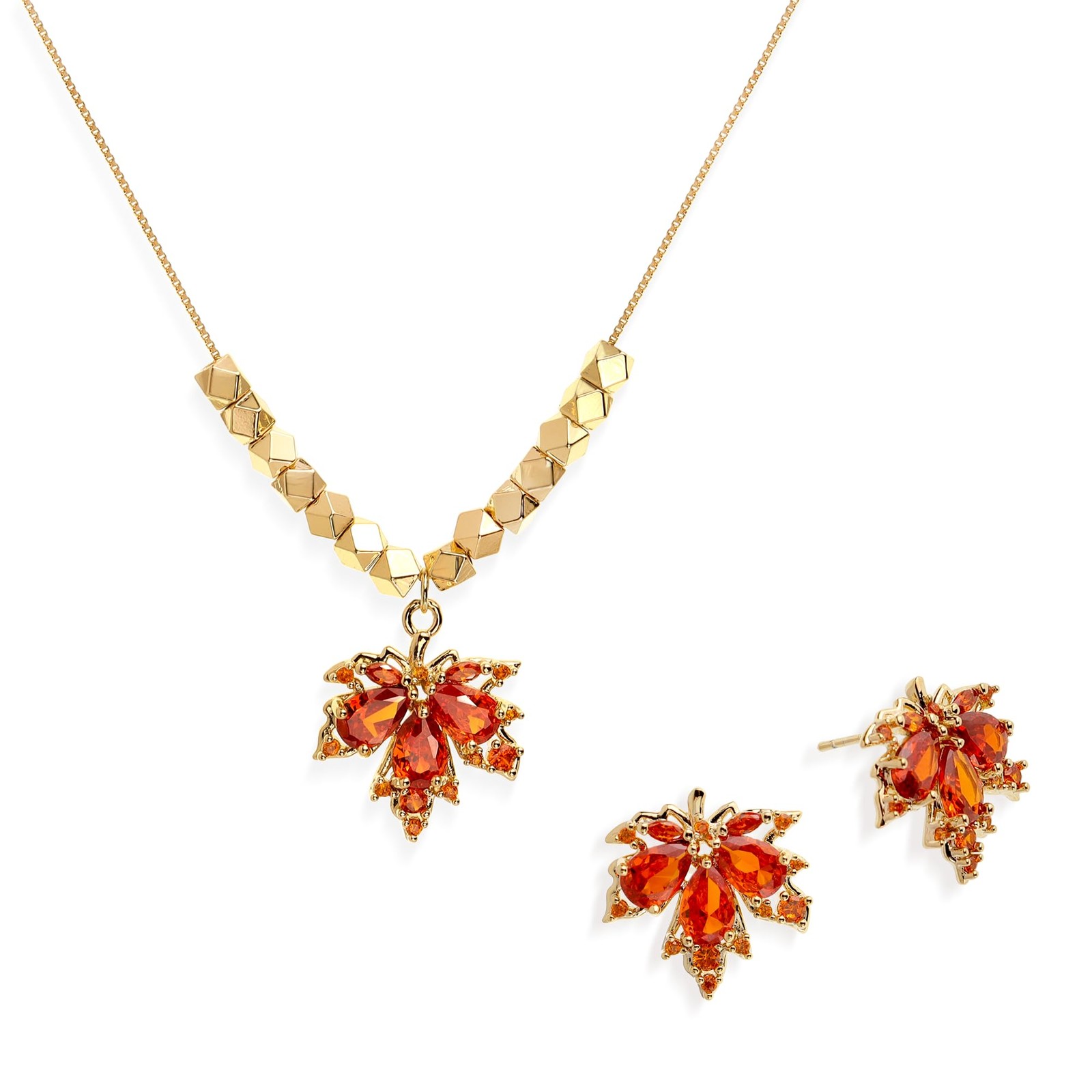 Fall Maple Leaf Stud Earrings Necklace Set, Trendy Statement Vintage Orange R