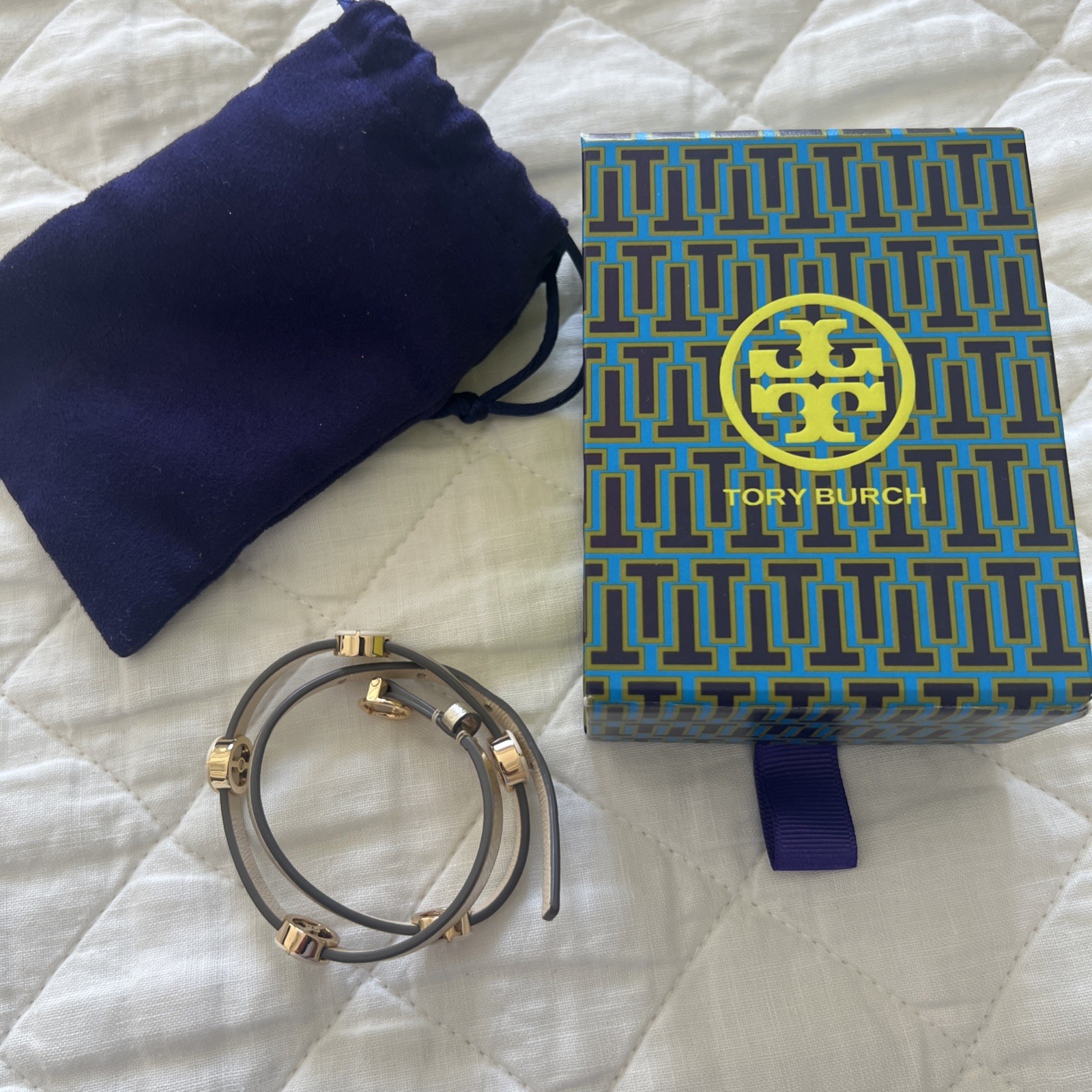 Tory Burch Gold Leather Double Wrap Bracelet Gold Logo Buckle Adjustable