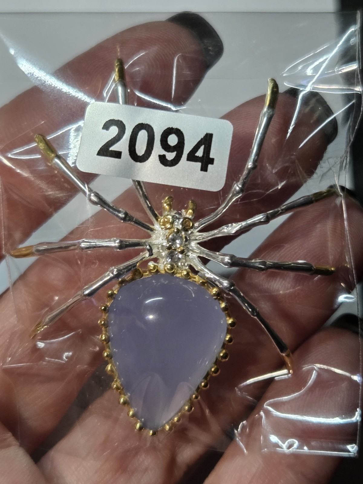 Handmade Natural Chalcedony Spider 925 Sterling Silver Brooch 2094