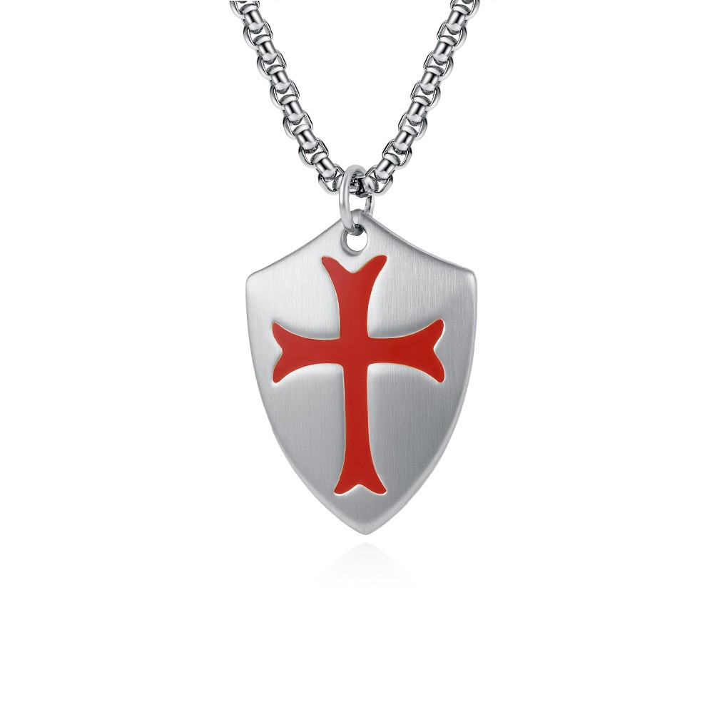 Stainless Steel Crusader Knights Templar Cross Shield Pendant Necklace For Men