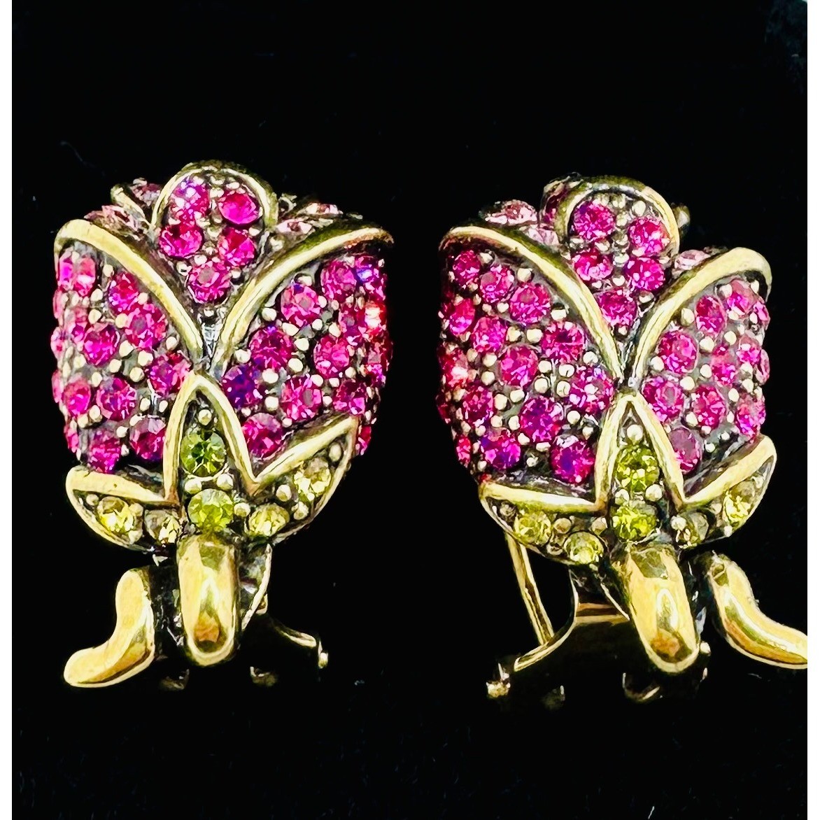 Heidi Daus Rose Bud Crystal Omega Back Earrings Pink Fuchsia Bronzetone Floral