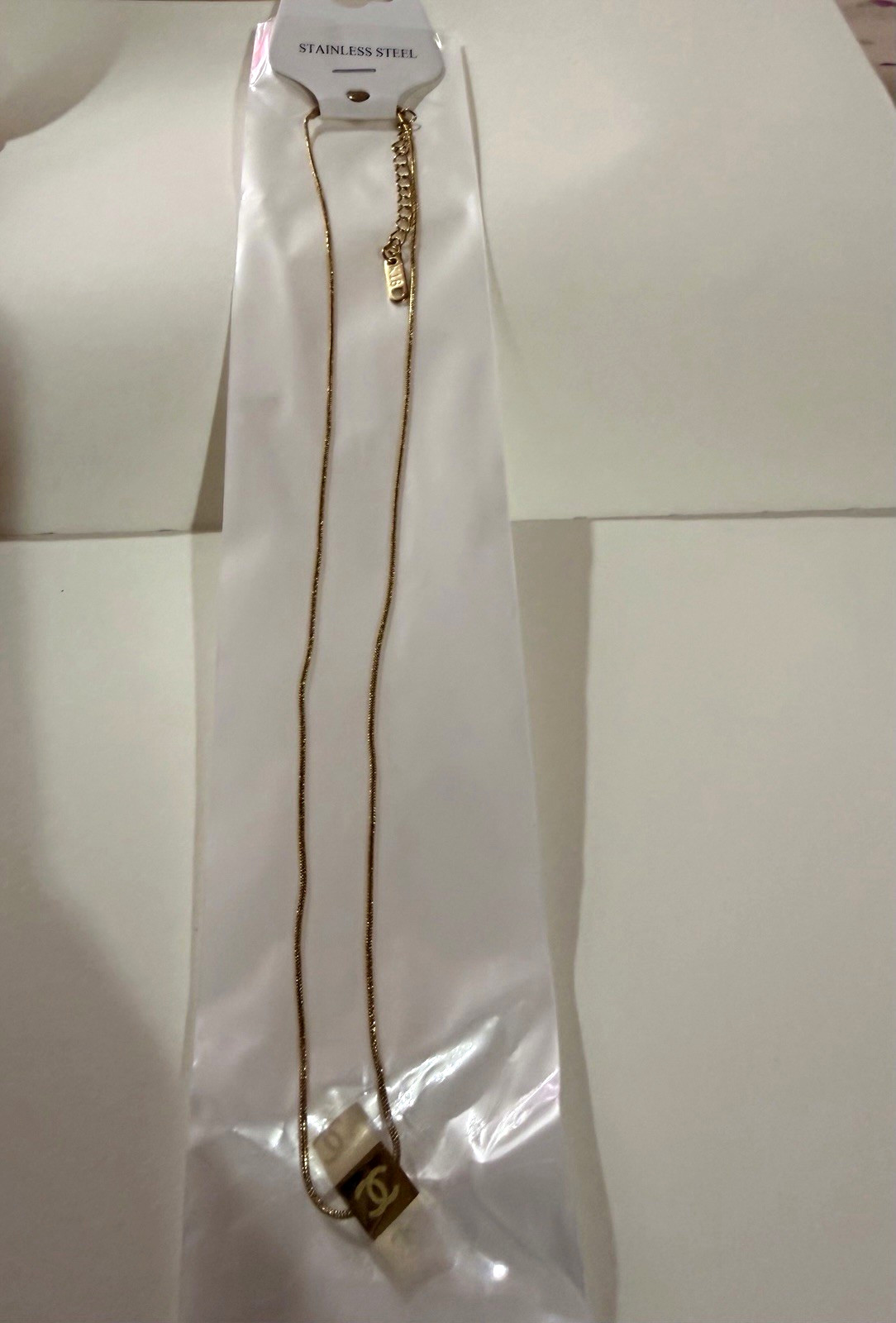 Gold Tone Stainless Steel Snake Chain Necklace Square Charm Pendant Lobster