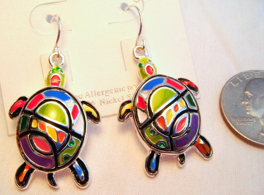 Multi Colored Patchwork Turtle Earrings – Epoxy- 1 3/4 Inches