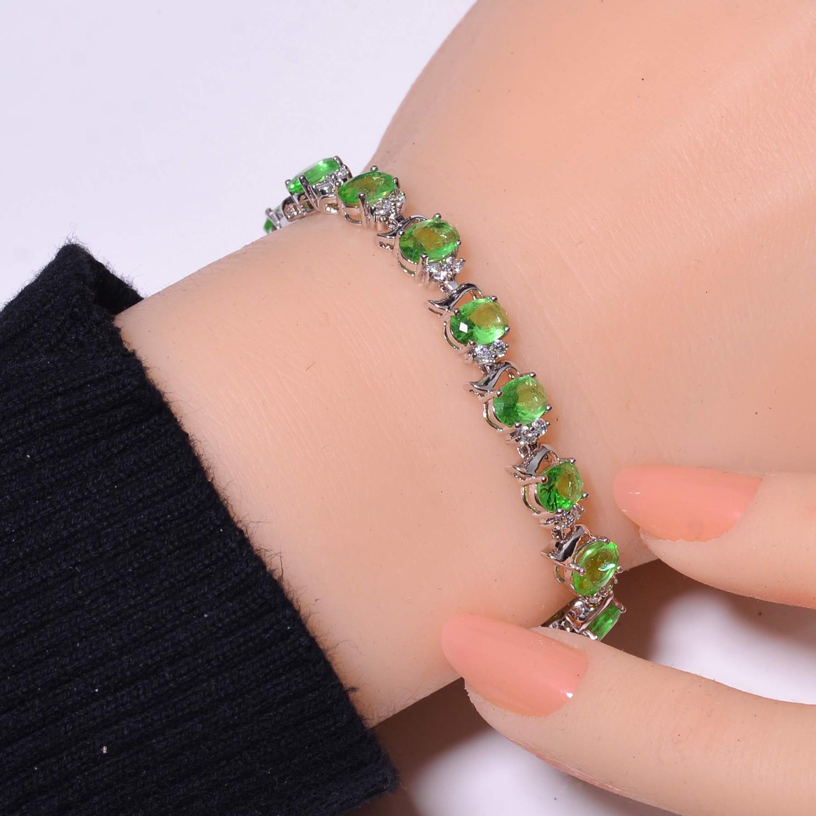Green Amethyst & Cubic Zirconia 925 Sterling Silver Tennis Bracelet 7.99″ B17